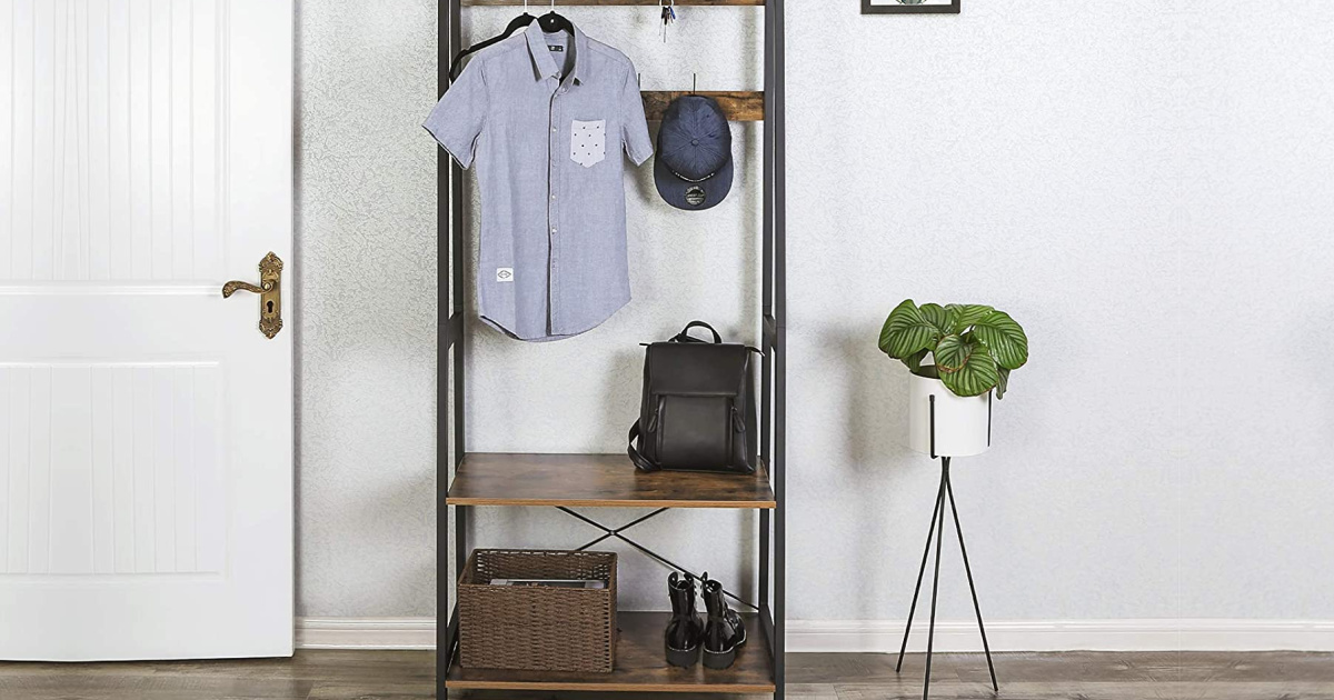 hall tree with a shirt, hat, shoes, and briefcase on it