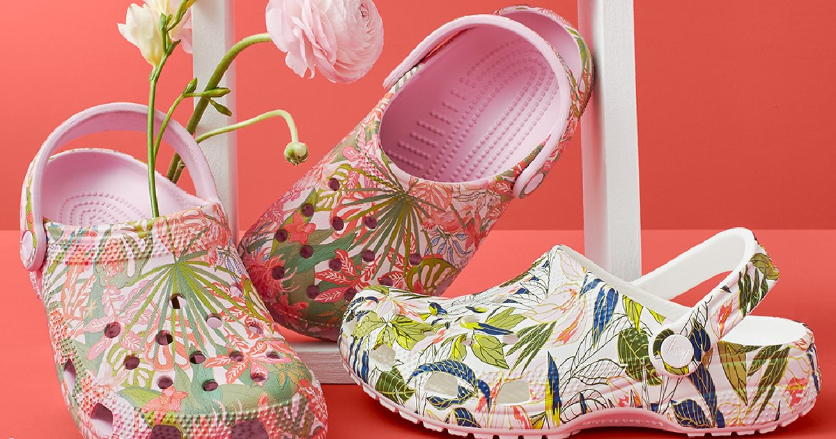 vera bradley crocs collection clogs with floral designs and a flower in one shoe