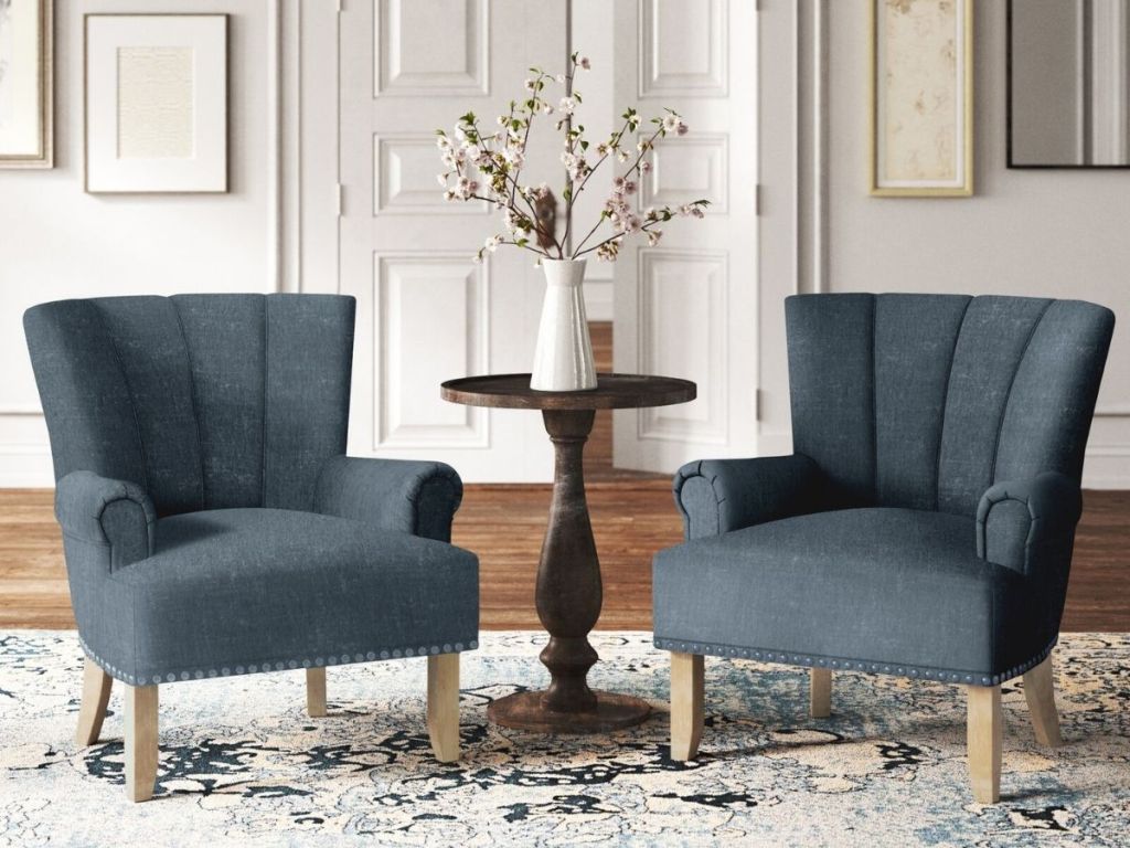 blue wayfair accent chairs in a living room