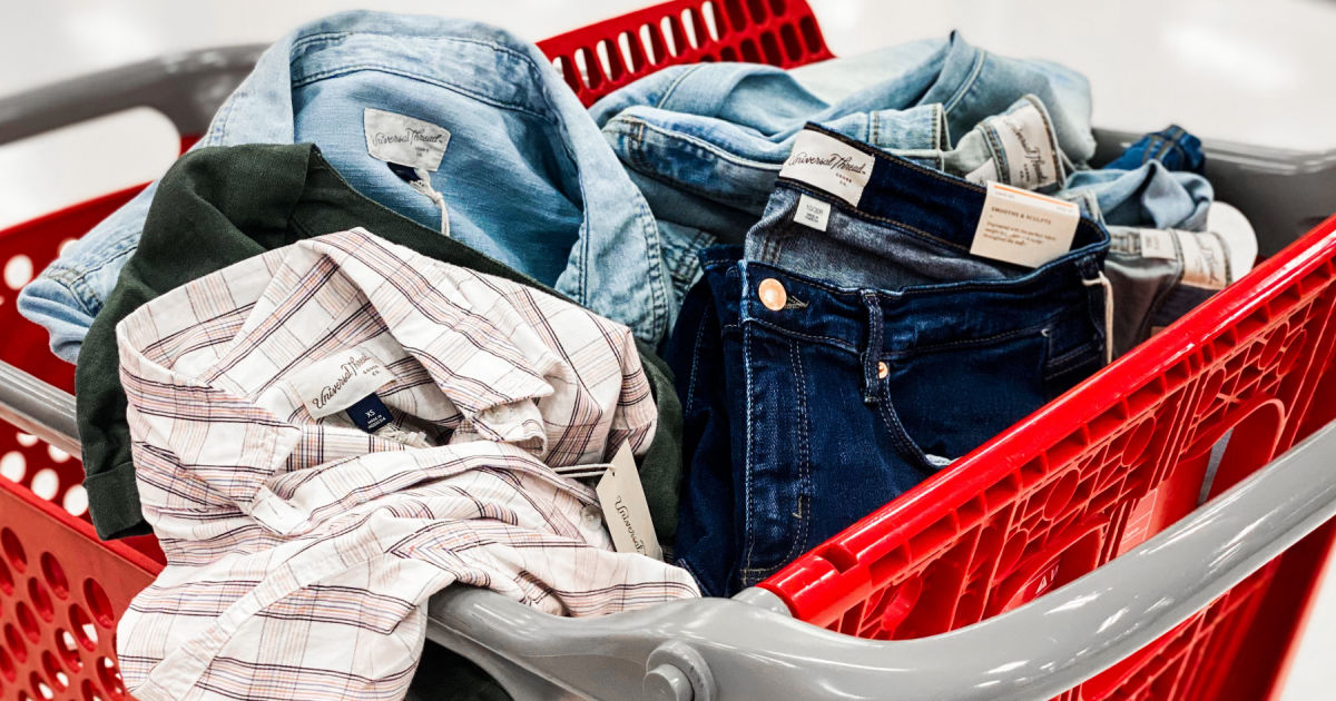 shirts and jeans in front of red basket