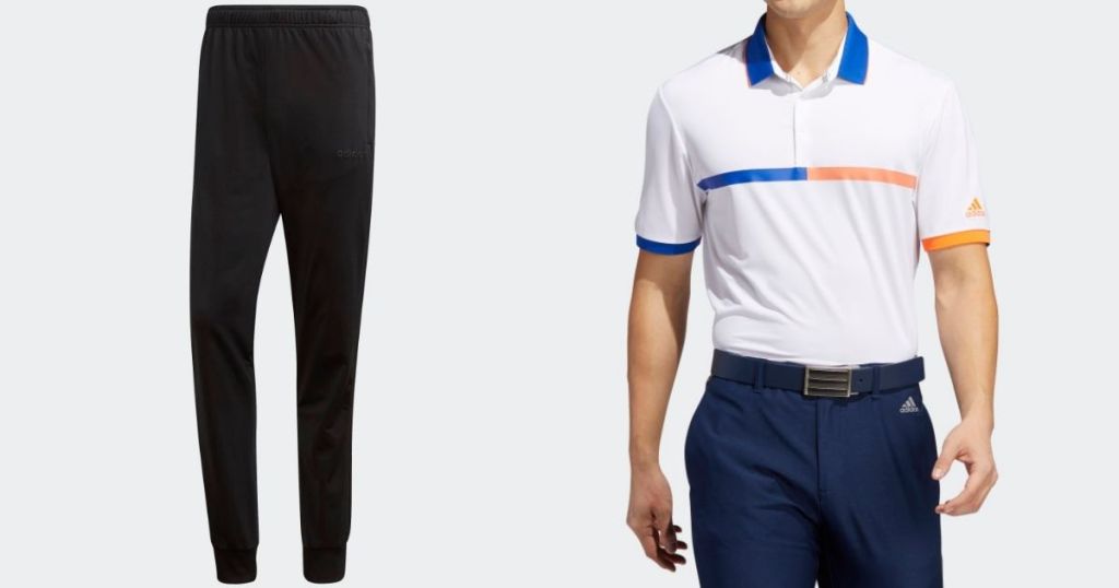 black adidas pants and white blue and orange adidas polo shirt