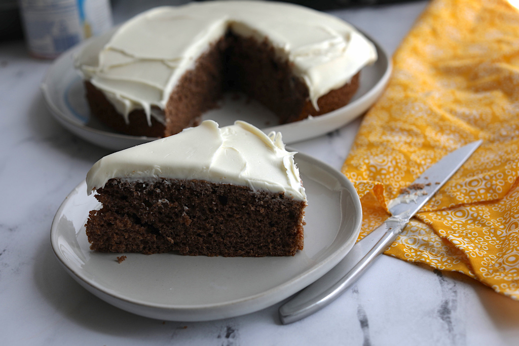 air fryer chocolate cake slice with frosting 