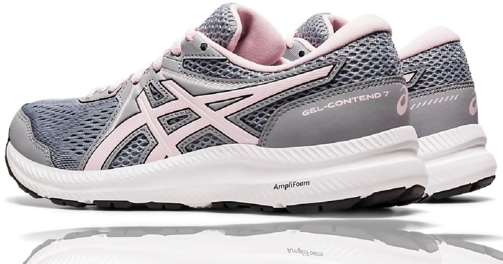 pair of pink and grey running shoes