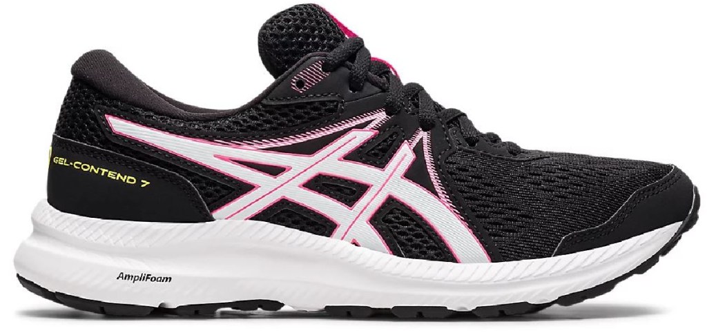 one black and pink running shoe