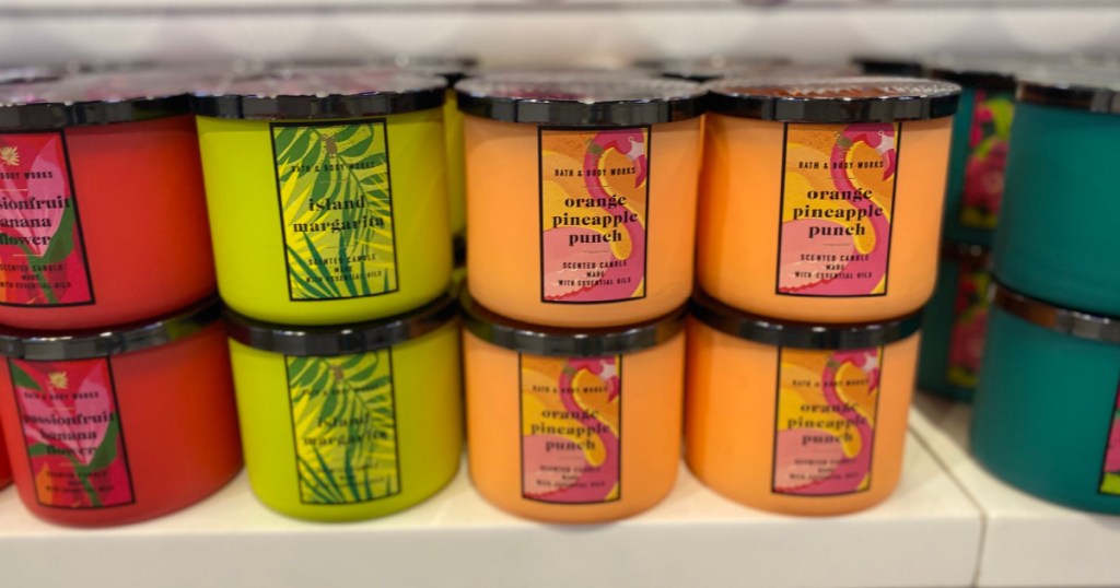 bath & body summer candles stacked in store