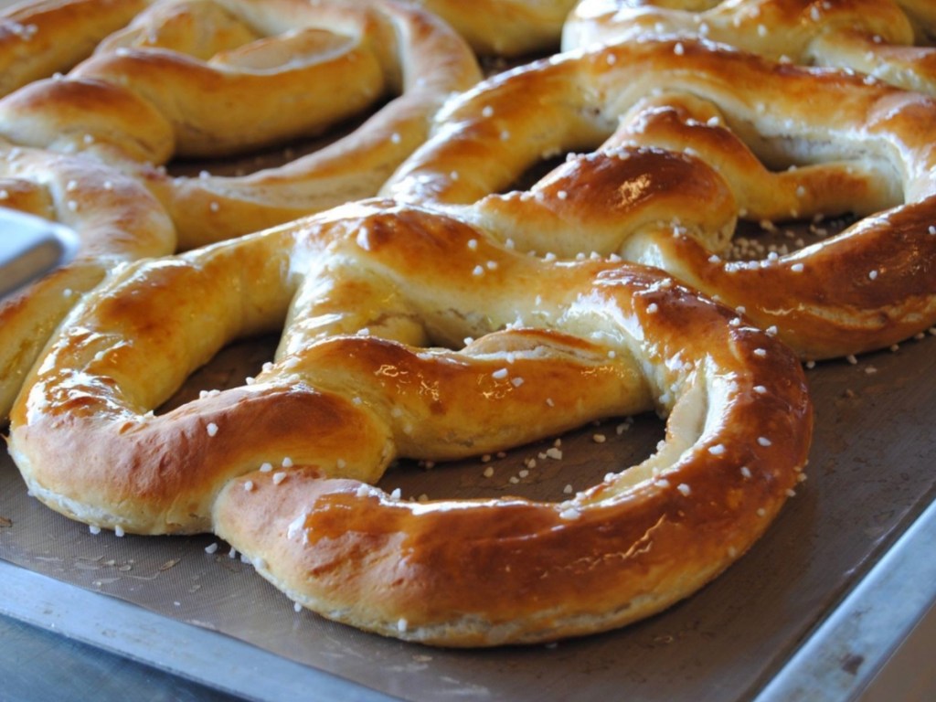 soft pretzels on metal tray