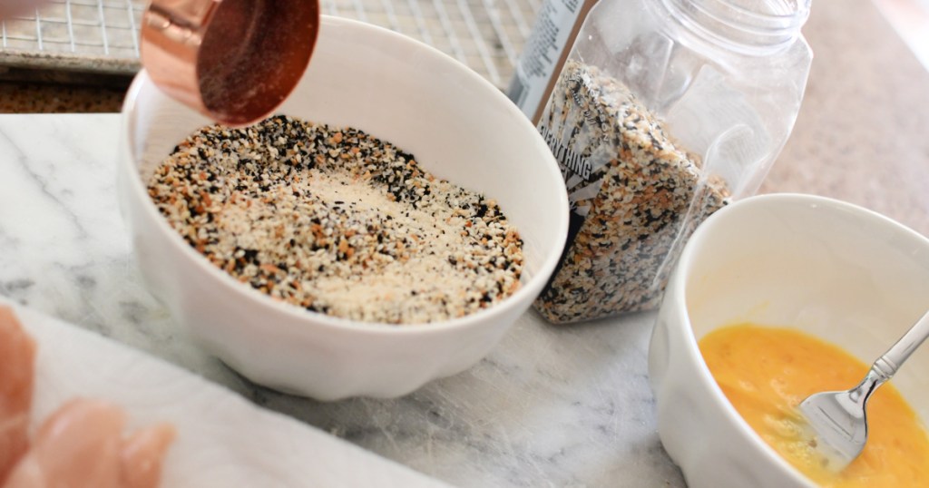 breadcrumbs with everything bagel seasoning in a bowl