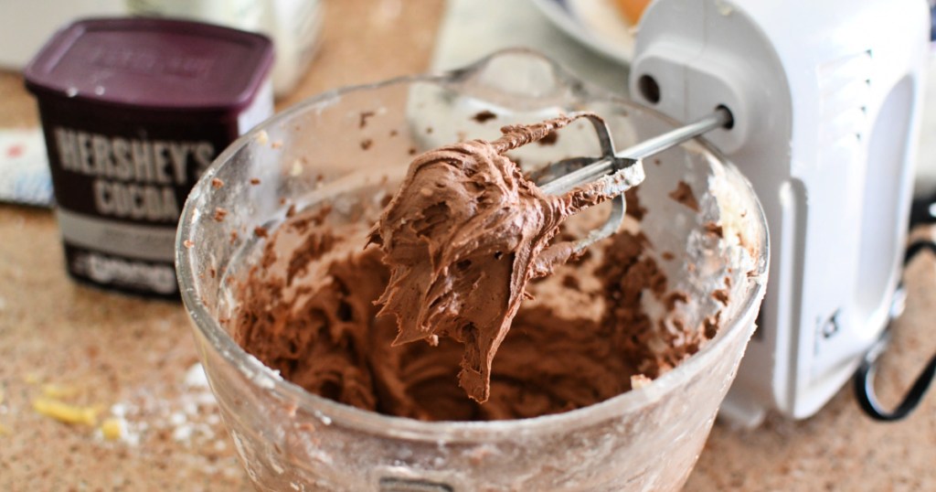 chocolate frosting in a mixing bowl 