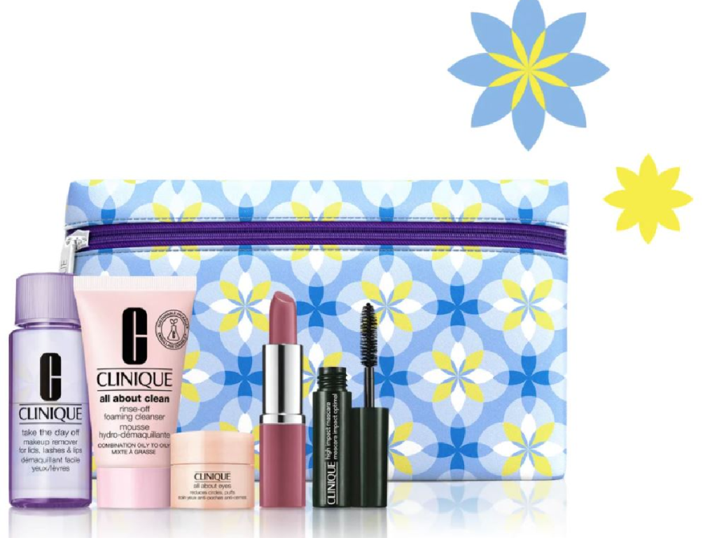 bag with cosmetics and face cleaners next to it