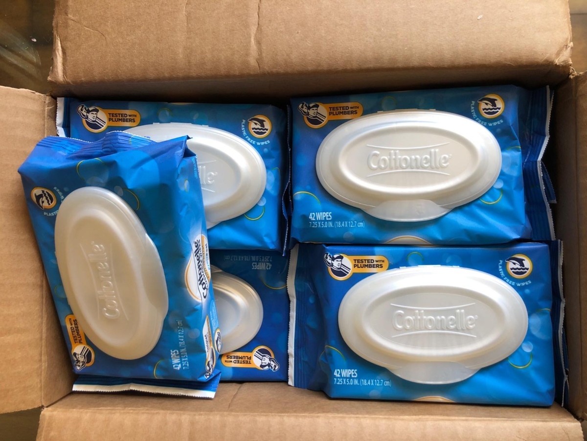 cardboard box containing flushable wipes