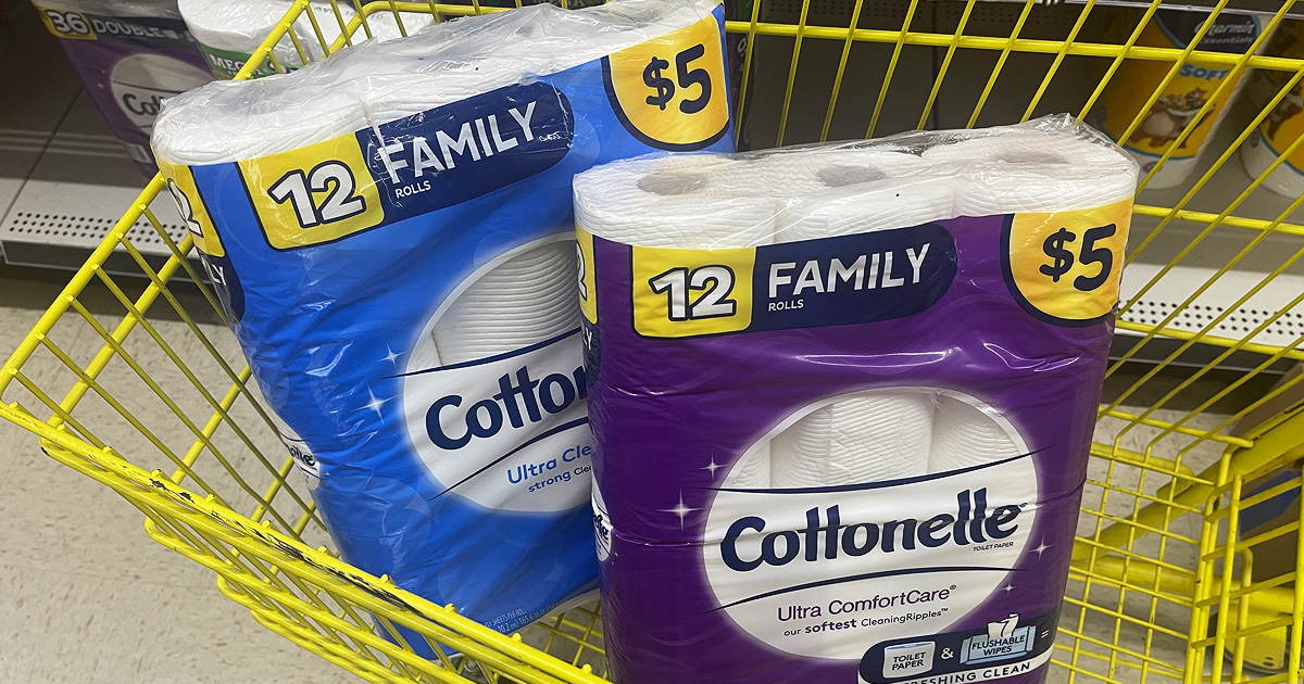 two packages of cottonelle toilet paper in yellow shopping cart