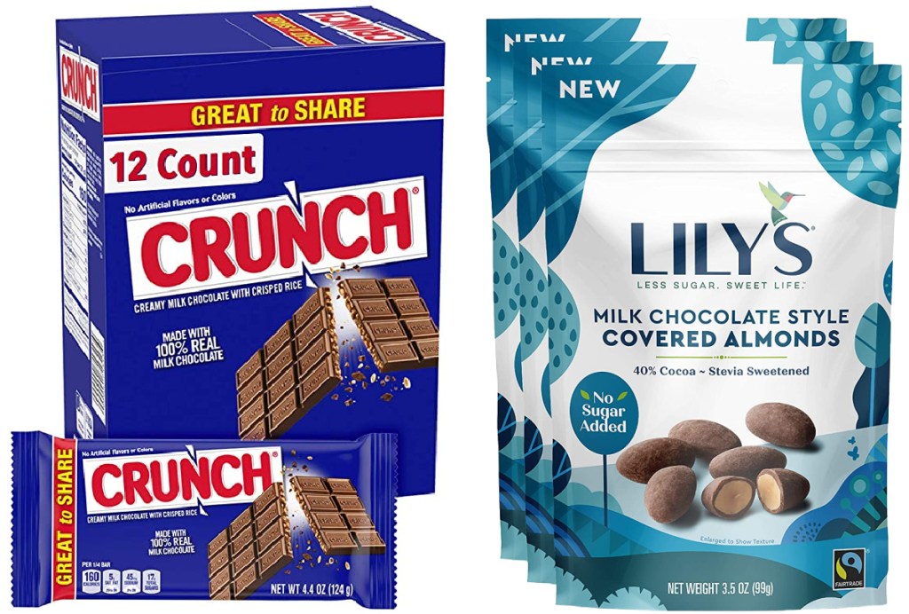 crunch candy bars and lily's milk chocolate covered almonds
