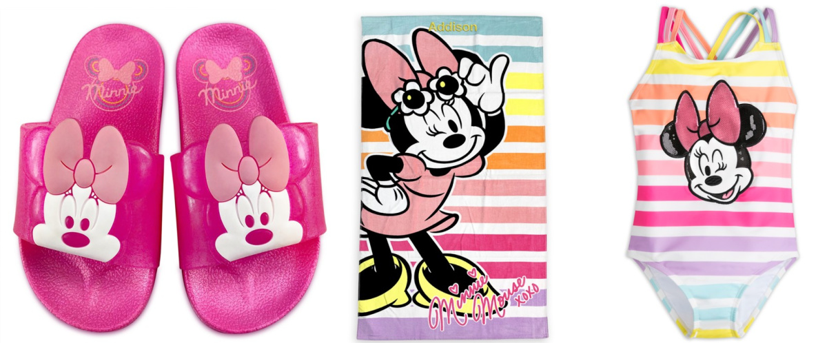 minnie mouse slides, towel and suit