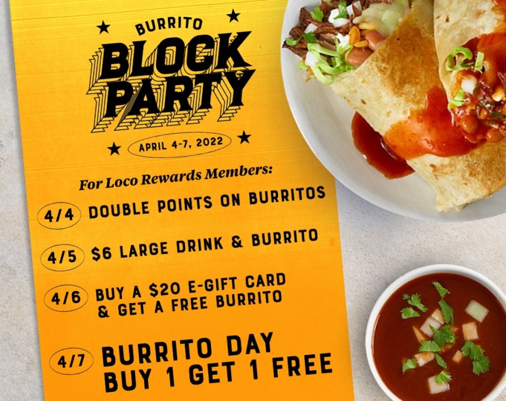 Burrito Block Party schedule next to burrito