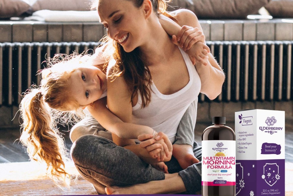 elderberry hill syrup with mom and daughter doing yoga