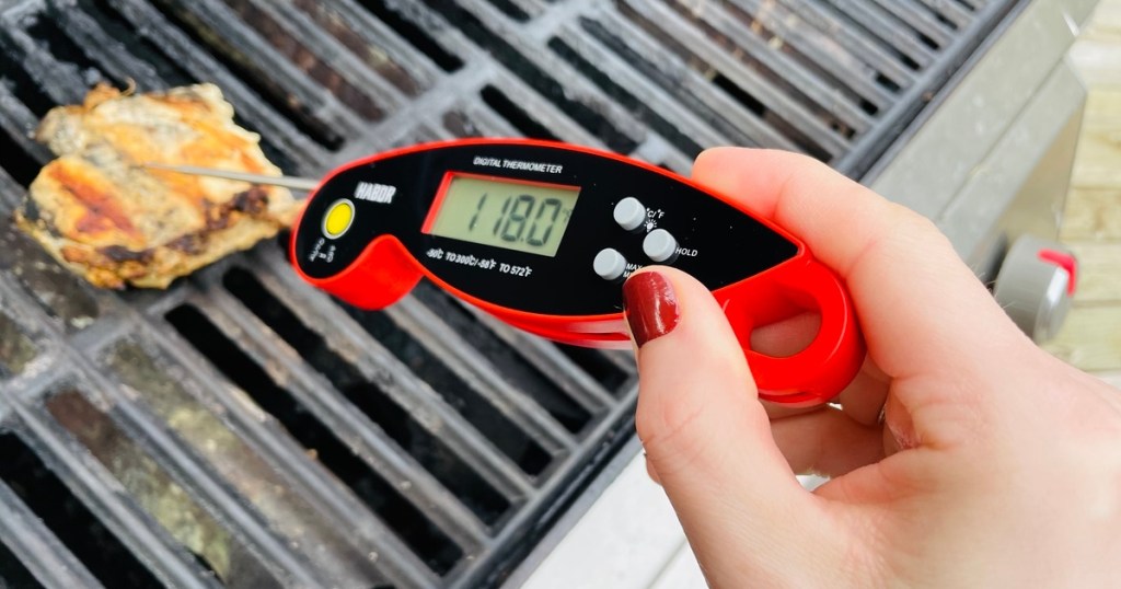 habor meat thermometer in chicken on grill