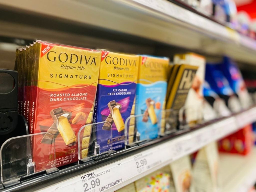 Godiva chocolate bars on store shelf