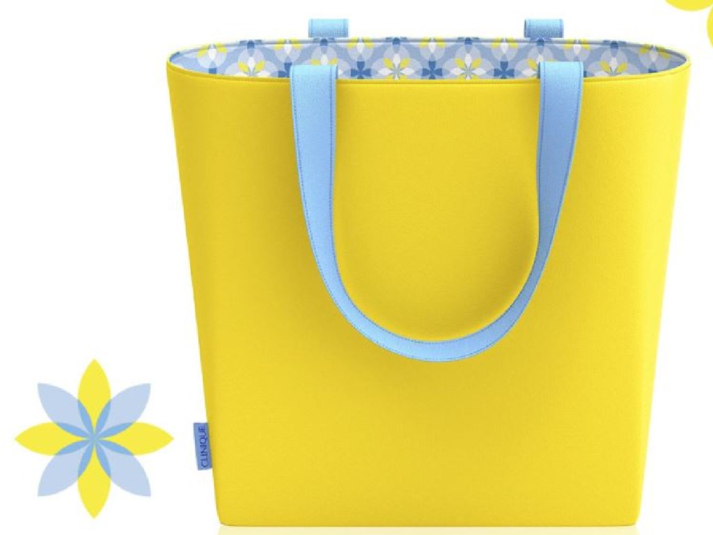 yellow tote bag with blue inside cloth
