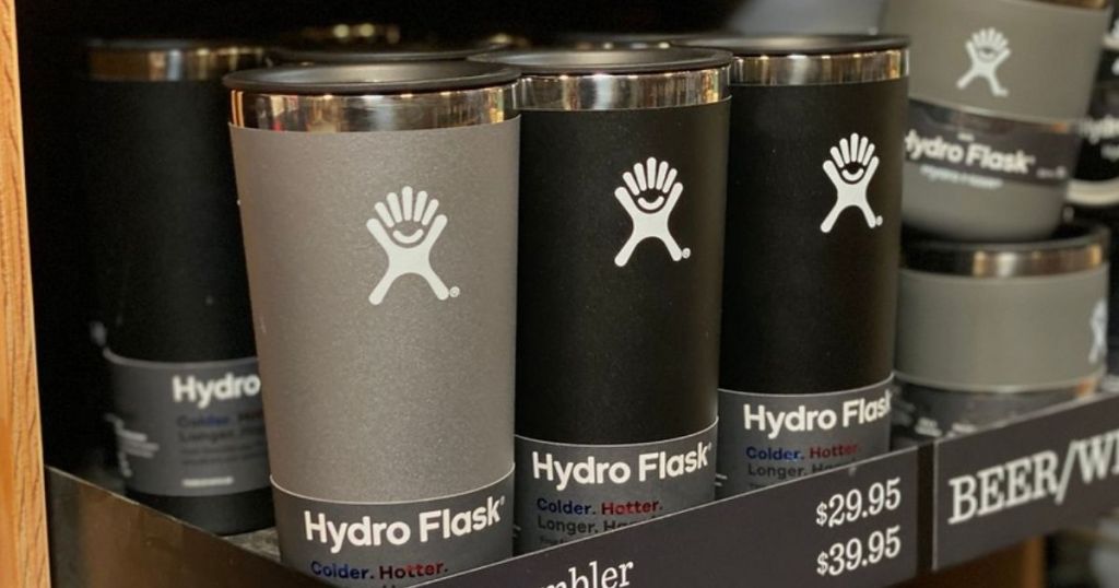 graphite and black hydro flask tumblers on a store shelf