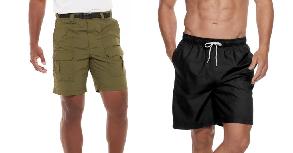 man wearing cargo shorts and man wearing swim trunks