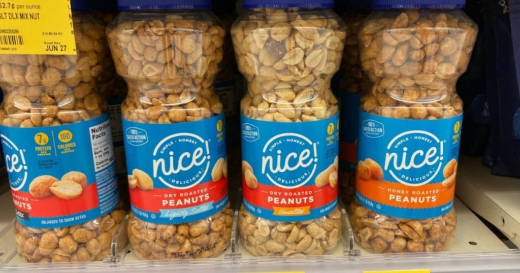 five jars of peanuts on shelf 