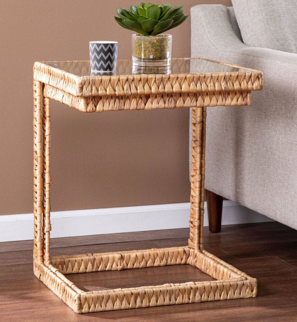 rattan side table w/ plant