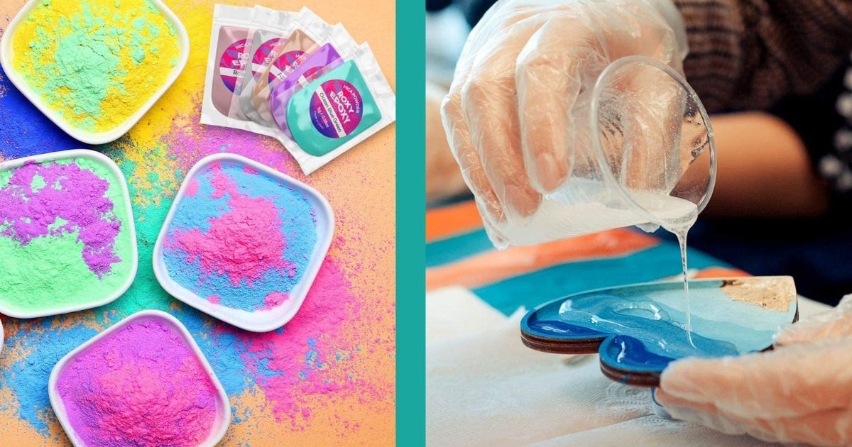 colorful powder in bowls and hand pouring resin liquid