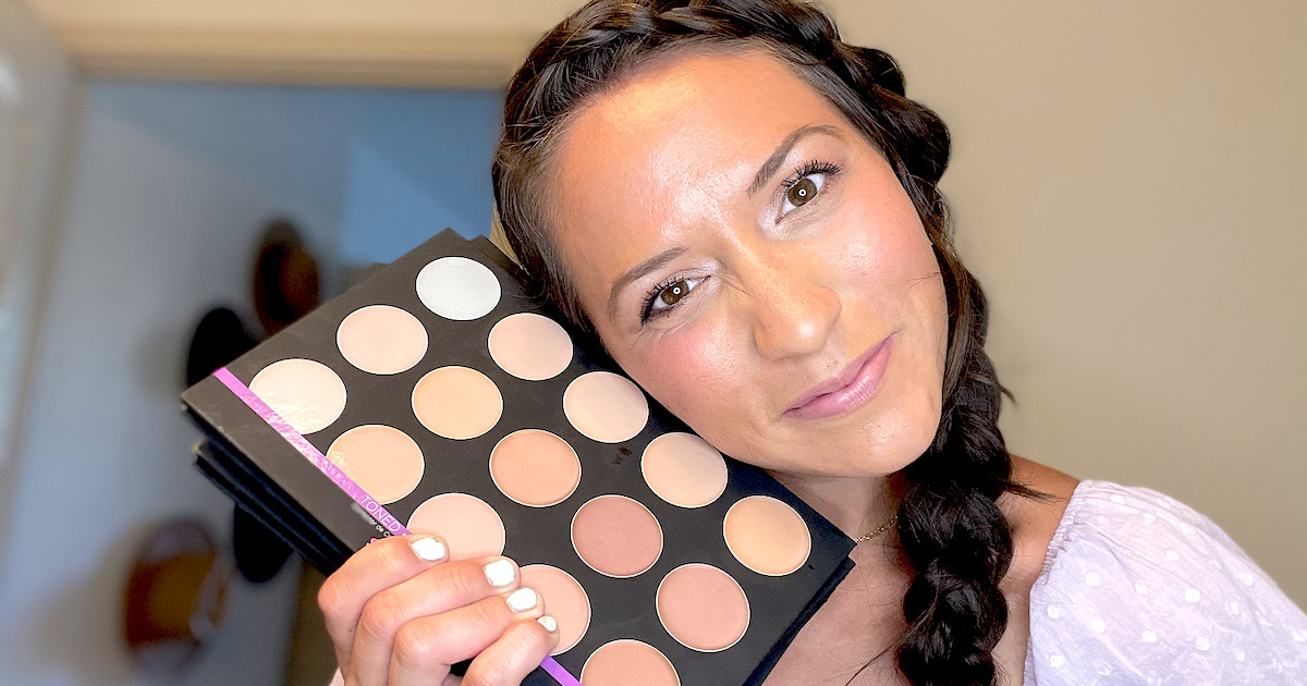 woman with face next to neutral makeup pallet