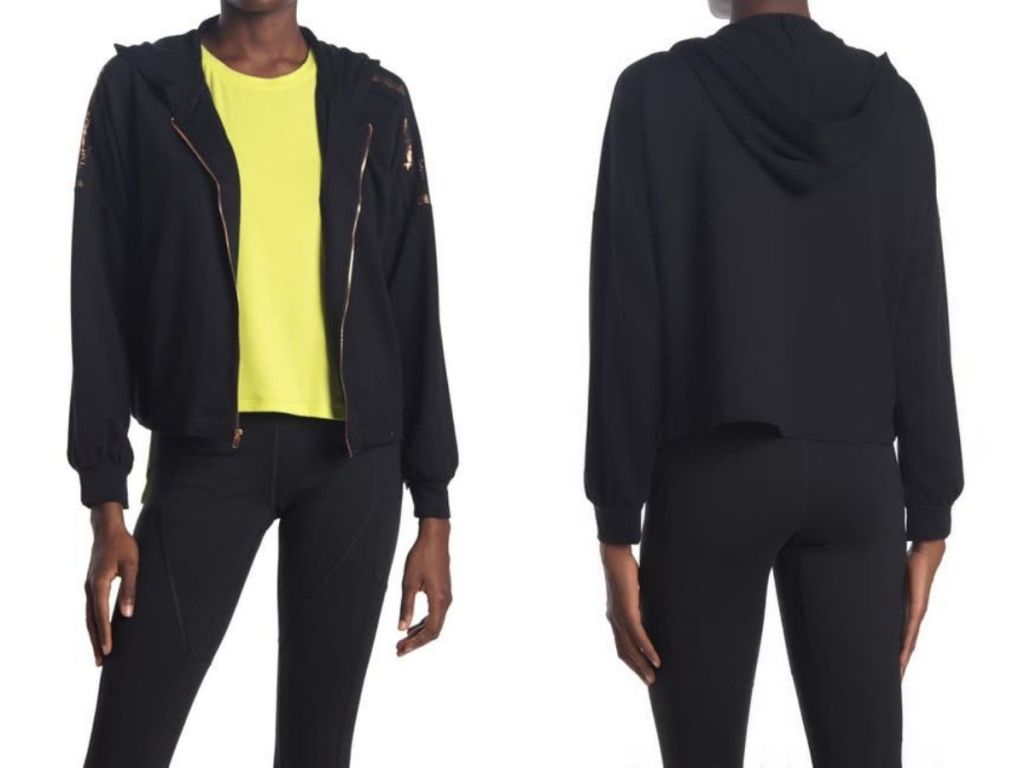 front and back views of woman wearing black zip up jacket