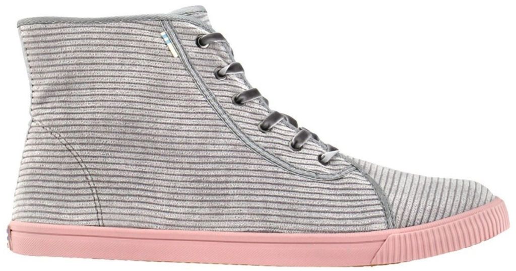 gray striped TOMS high tops with pink soles