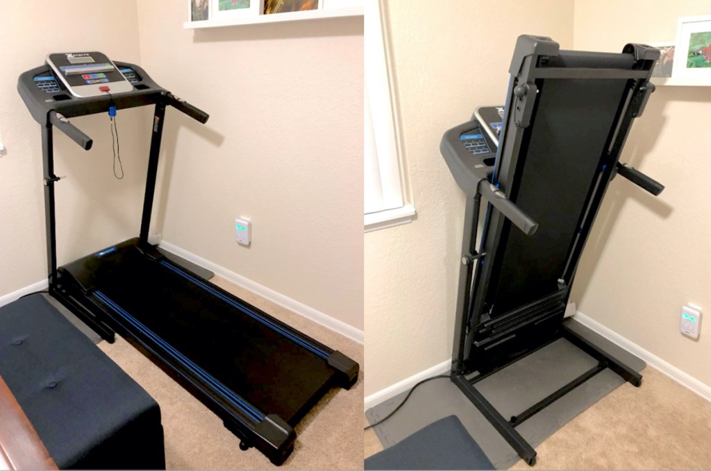 side by side pictures of treadmills on carpet and folded upright