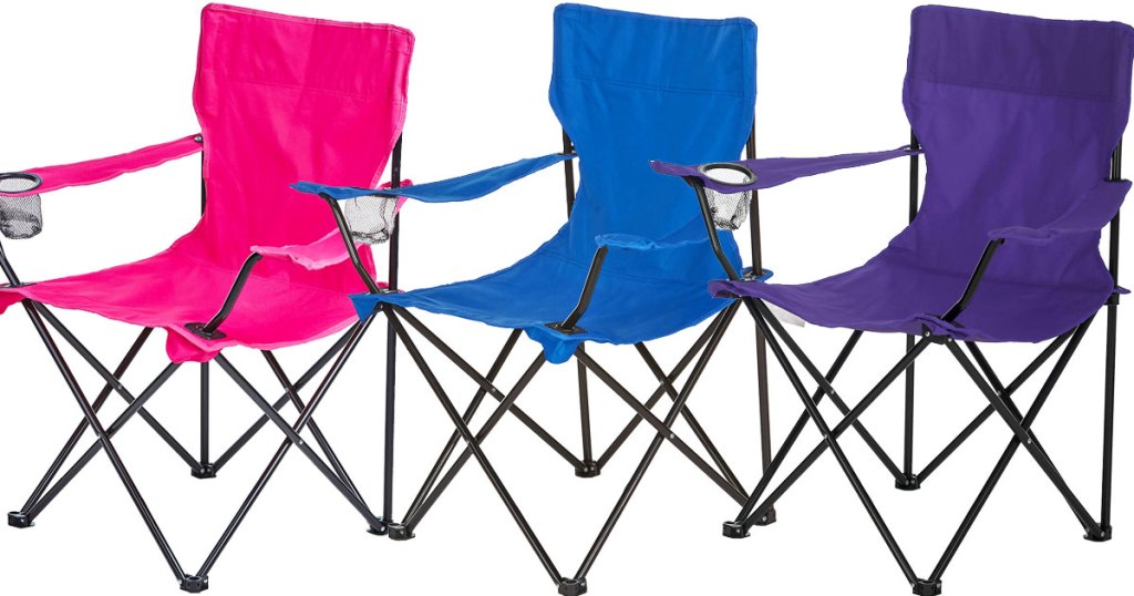 pink, blue, and purple folding camping chairs