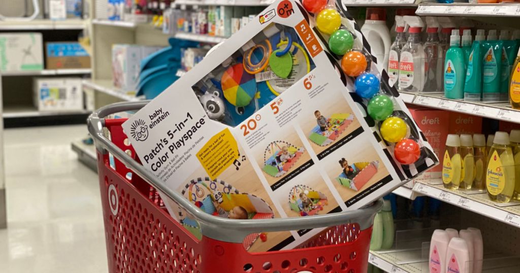 baby activity toy in red cart 