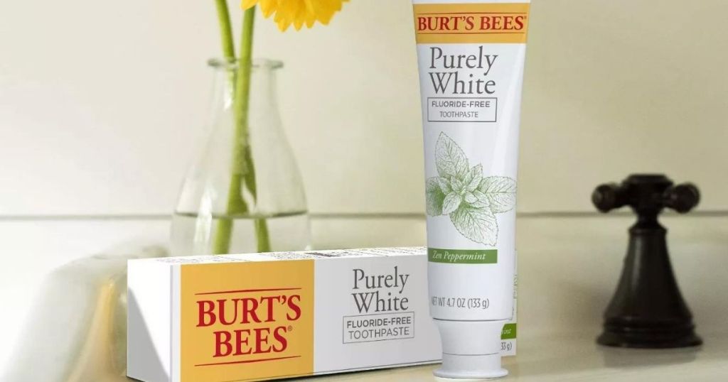 burt's bees adult toothpaste in a bathroom
