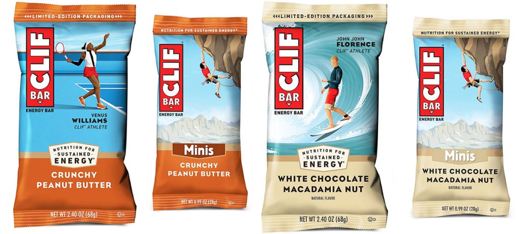 full size and mini clif bars in peanut butter and white chocolate macadamia flavors