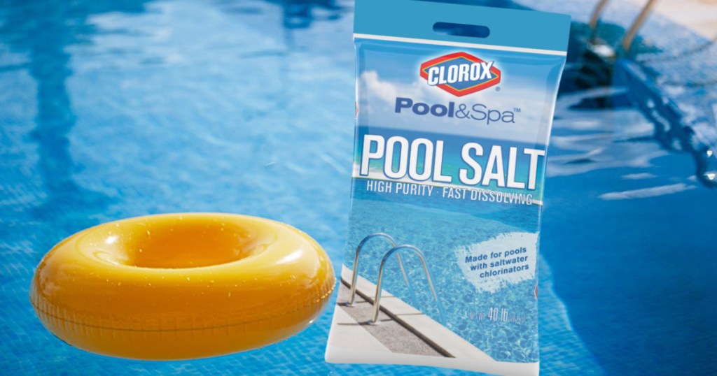 Clorox pool salt with pool and yellow float in backround