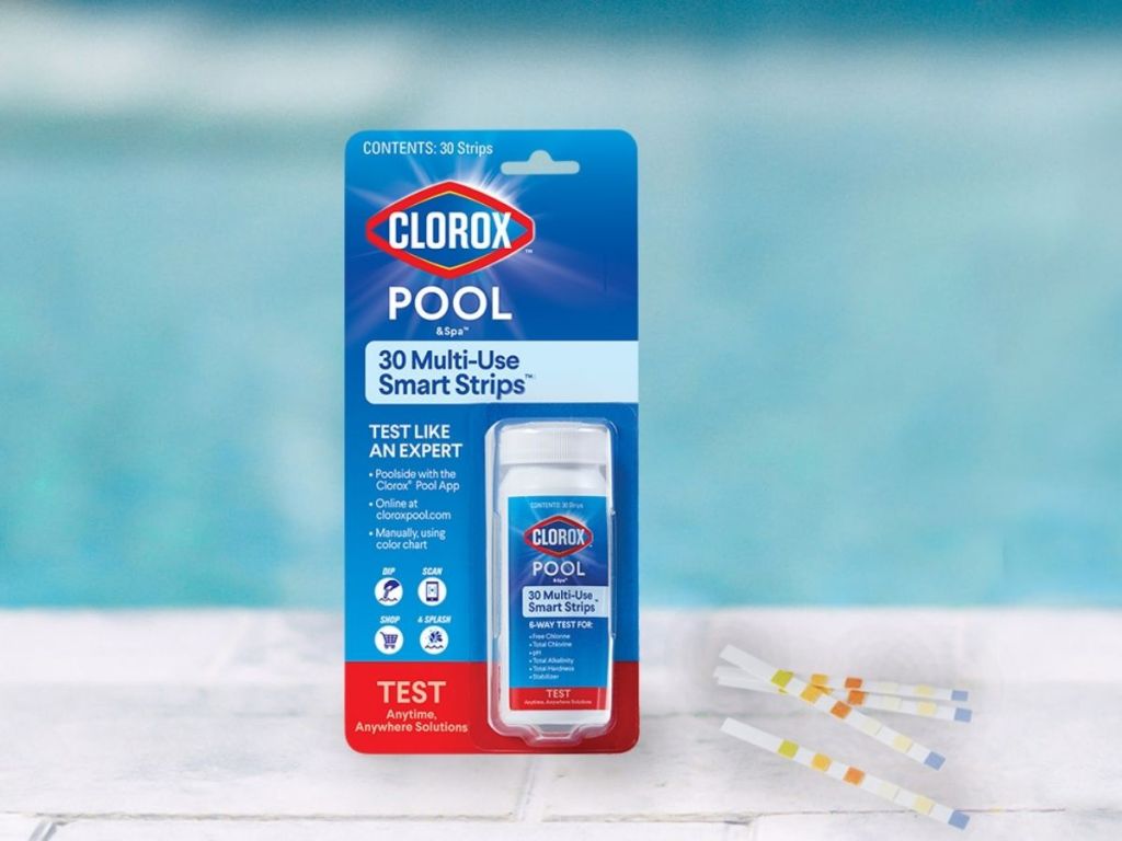 Clorox pool strips with pool in background