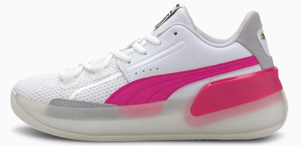 white and pink PUMA sneaker