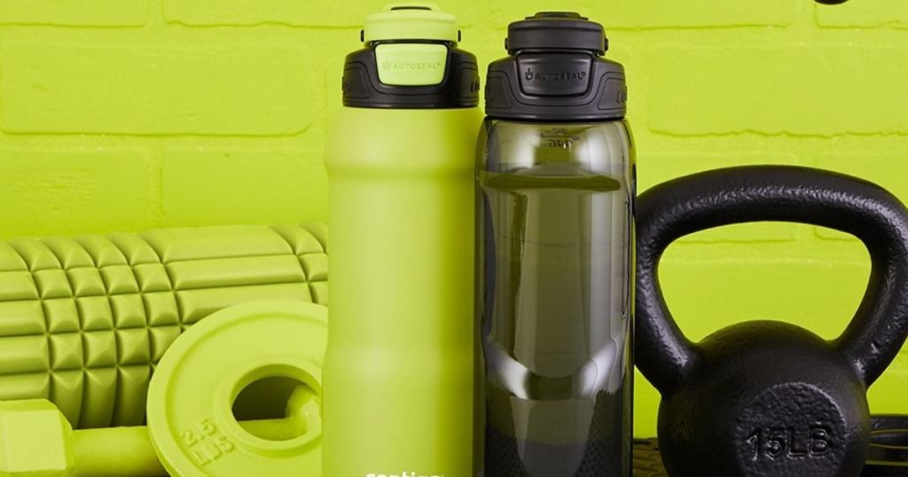 two water bottles by fitness equipment