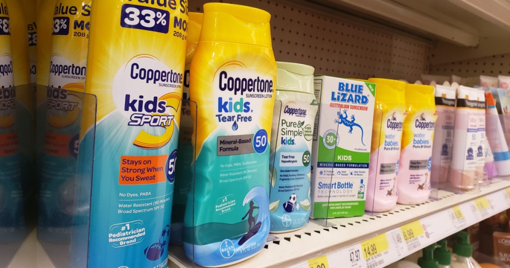 coppertone kids sunscreen on store shelf