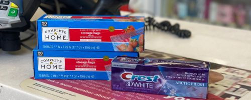 sandwich bags and toothpaste on counter