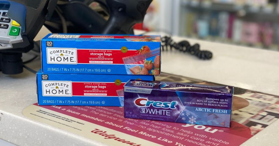 sandwich bags and toothpaste on counter