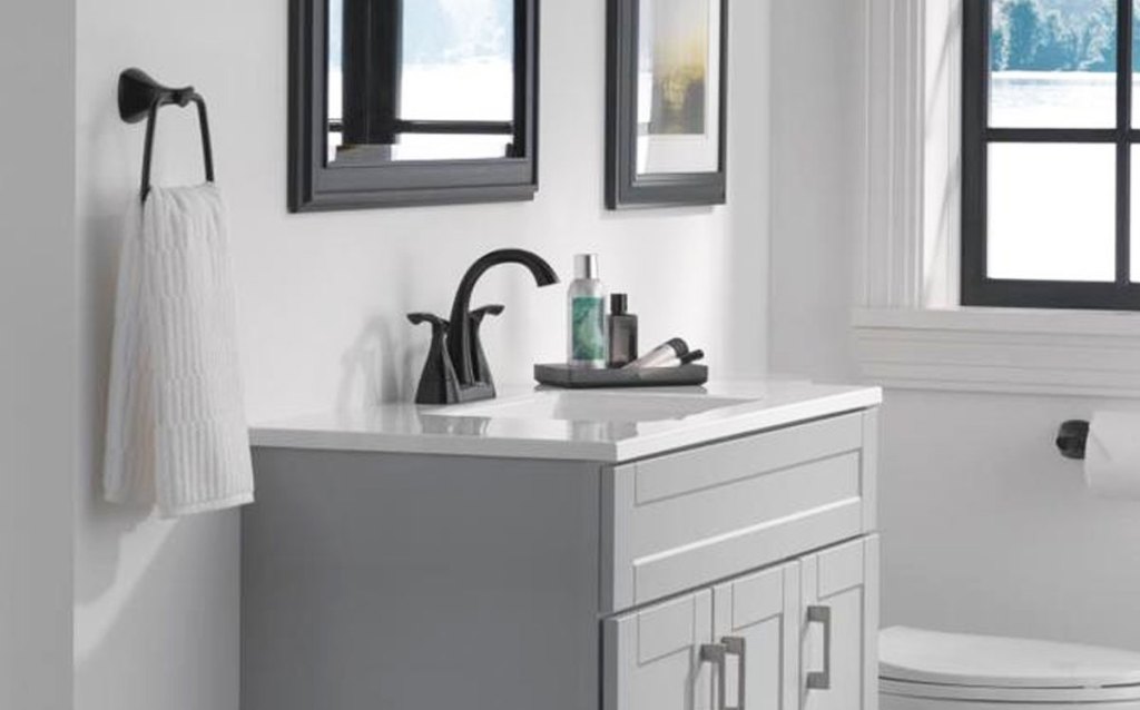 matte black faucet on bathroom vanity sink