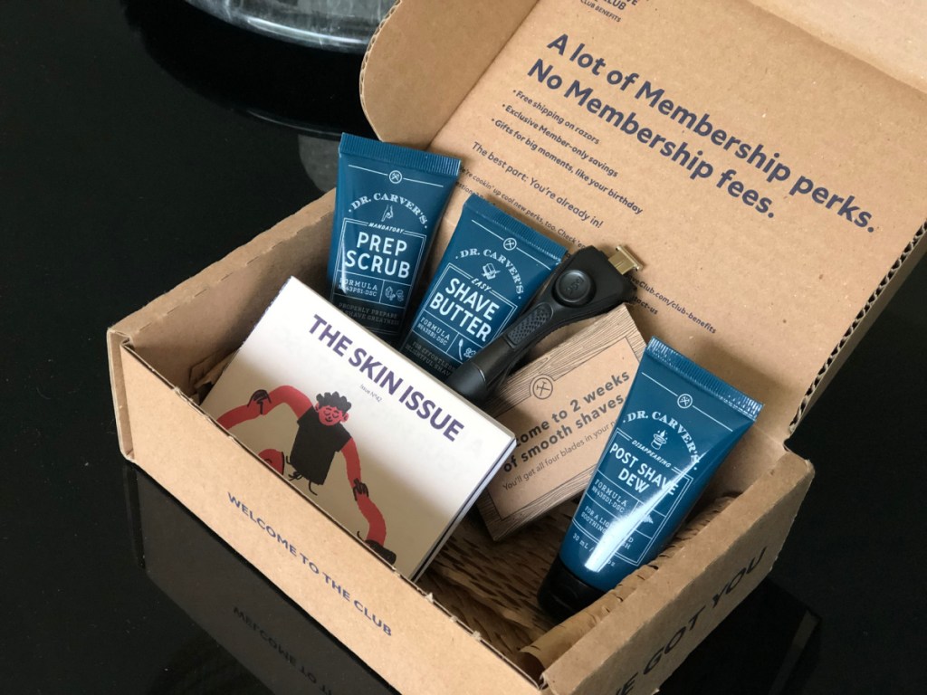 shaving kit in shipping box on table