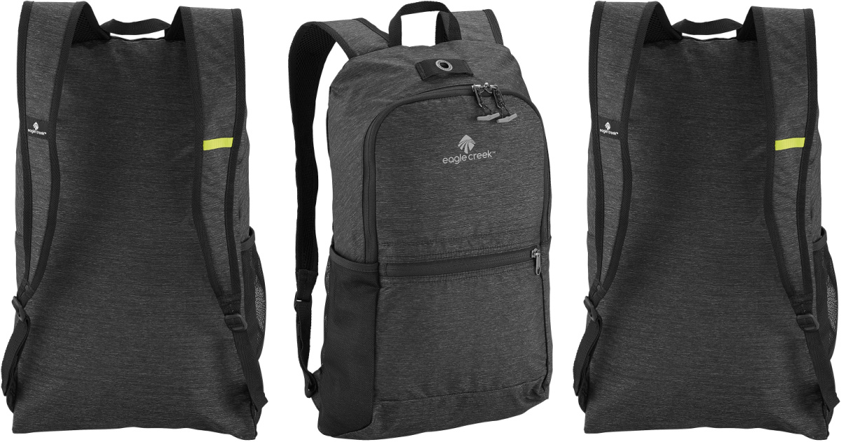 Front and back view of a large black backpack