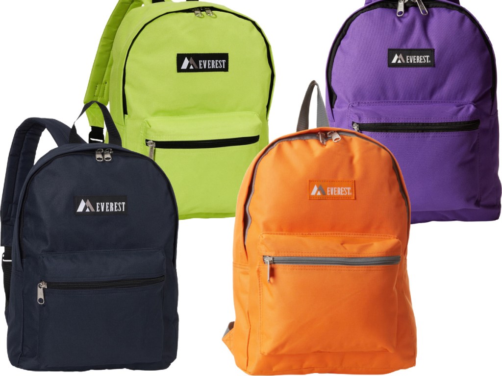 blue backpack, green backpack, orange backpack, and purple backpack