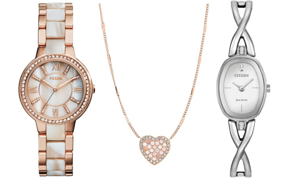 Fossil Women's Virginia Stainless Steel Crystal-Accented Dress Quartz Watch with Heart Necklace and Citizen Women's Eco-Drive Axiom Watch with Crystal Accent