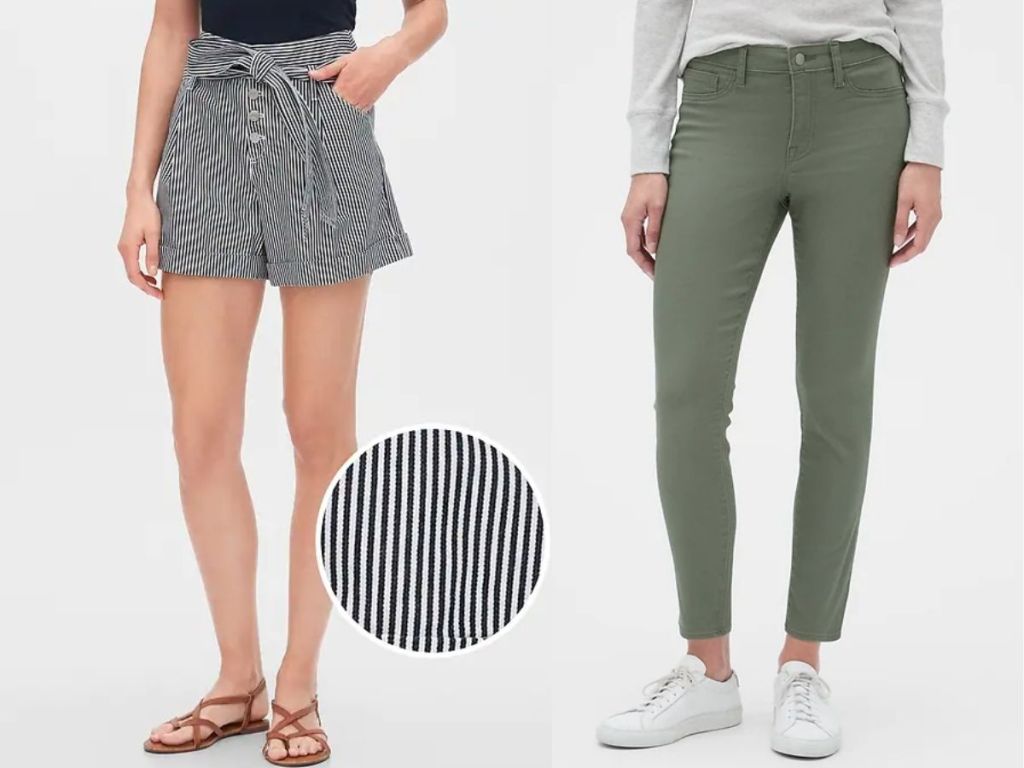 women wearing striped shorts and olive green jeggings