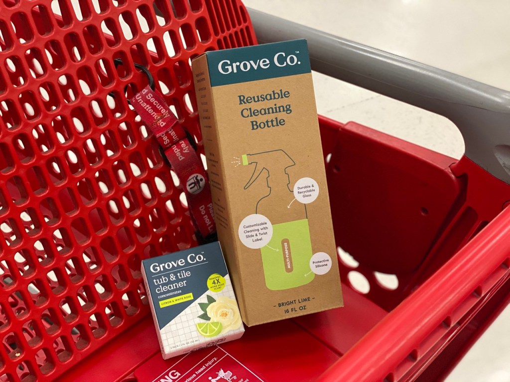 Grove Tub & Tile Cleaner Concentrate and glass bottle in Target cart