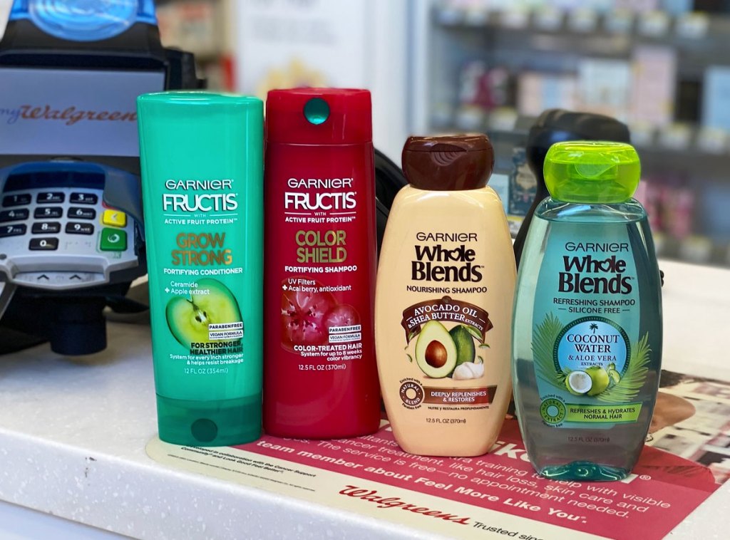 garnier shampoo and conditioner bottles on counter at walgreens